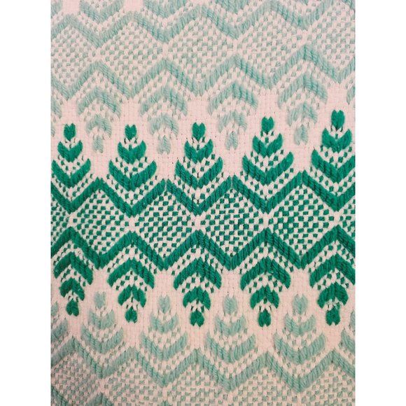 Swedish Woven Afghan cream green and‎ blue geometric design 57x48 - Picture 2 of 10